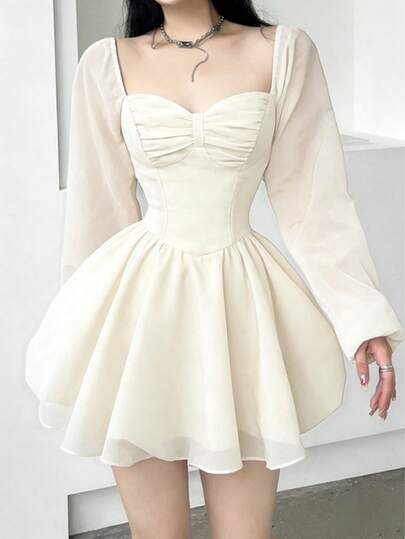 GOODAA Vestido corto de manga larga con cuello de corazón, manga farol y busto fruncido en blanco