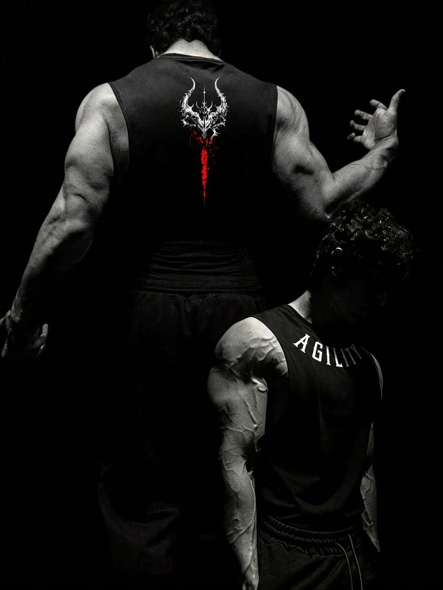 RISE LYT Men's Casual Fashionable Street Letter Print Sports Tank Top, Summer - Black - View 1