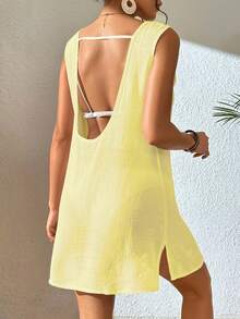 SHEIN Swim 女士纯色圆领休闲度假日常穿着罩衫连衣裙 - 黃色 - 查看 2