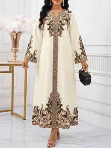 SHEIN Lady 女士优雅佩斯利印花宽松度假连衣裙，翻领设计，适合春秋季穿着 - 彩色 - 查看 6