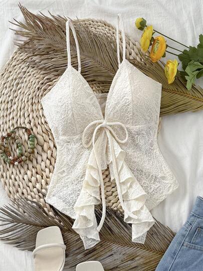 SHEIN LUNE Camiseta casual versátil de uso diario con volantes de encaje y lazo delantero para mujer