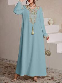 SHEIN Najma Damen eleganter, bunter, bestickter Quasten-Dekor, locker sitzender, bequemer Lässig Bademantel - Lichtblau - Übersicht 4