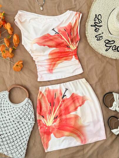 Set di top e gonna con stampa floreale per ragazze adolescenti, adatto per l'estate, la spiaggia, Hawaii, vacanze