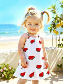 SHEIN Playful Pals 女婴夏季西瓜印花无袖连衣裙，白色底，可爱清新设计，适合夏季郊游、海滩旅行和日常穿着。 - 白色 - 查看 1