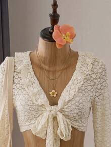 Bellisia 女士最新时尚沙滩装，适合春、夏、秋季，浅黄色花卉镂空荷叶边网纱罩衫泳衣套装 - 杏色 - 查看 4