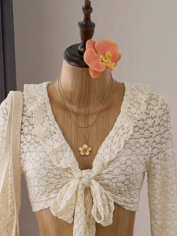 Bellisia 女士最新时尚沙滩装，适合春、夏、秋季，浅黄色花卉镂空荷叶边网纱罩衫泳衣套装 - 杏色 - 查看 4