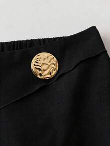 SHEIN PETITE CURVE 大码女式金属装饰纯色阔腿裤，适合休闲、派对、通勤等多种场合，带裙摆，女士连衣裙裤，黑色阔腿裤，女式长裤 - 黑色 - 查看 3