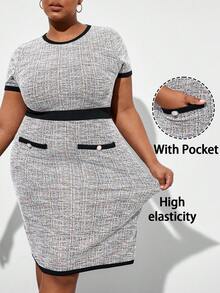 Chikora 大码女装连衣裙，春夏优雅短袖修身撞色通勤连衣裙 - 彩色 - 查看 2