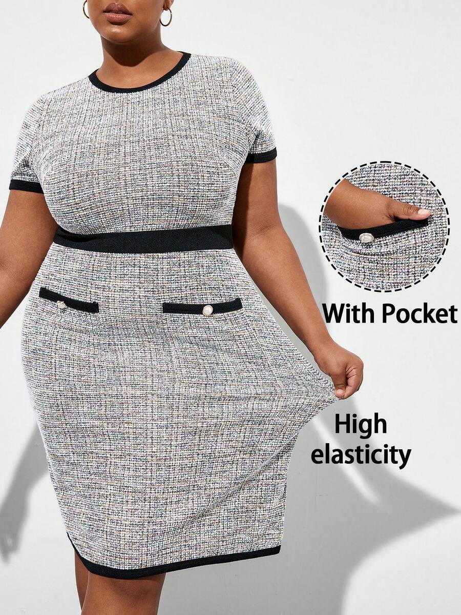 Chikora 大码女装连衣裙，春夏优雅短袖修身撞色通勤连衣裙