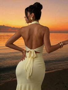 Firerie 女士优雅浪漫情人节约会派对度假飘逸长款雪纺连衣裙 - 淡黃色 - 查看 5