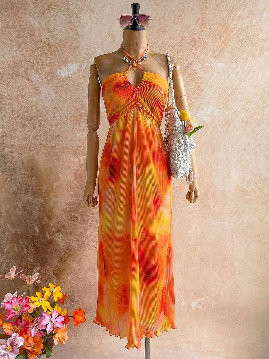 Firerie 女士扎染印花褶皱A字露背飘逸长裙，褶皱印花连衣裙，花卉度假A字连衣裙，V领系腰露背连衣裙，花卉连衣裙，性感露背系带沙滩裙，春夏服装，沙滩装，性感，度假，海滩，夏威夷，波西米亚风，度假，波西米亚风连衣裙