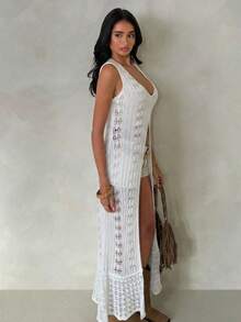 Glamine Vintage Romantic French Vacation Style Hollow-Out Long Vest - White - View 3