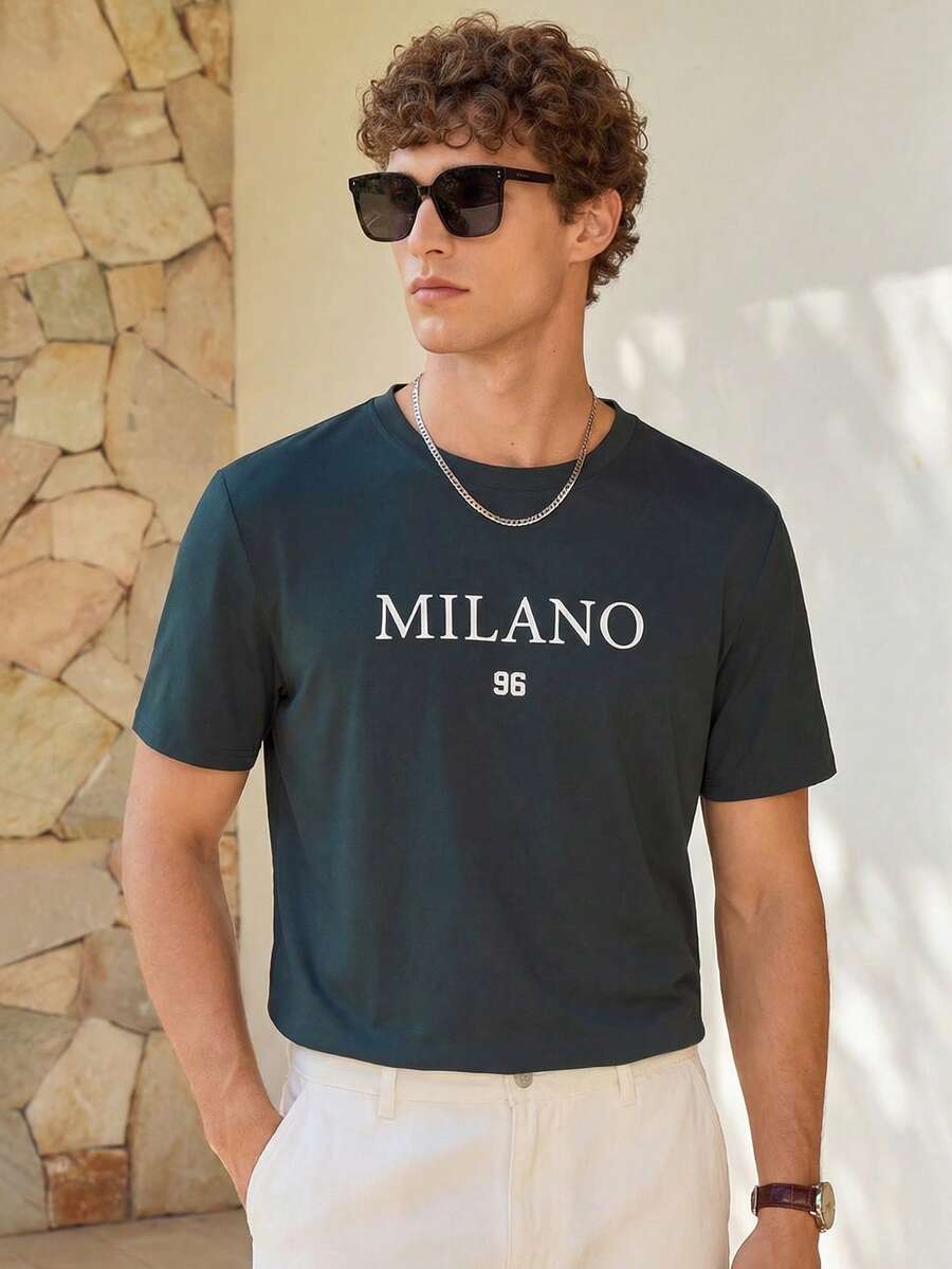 Manfinity CityGents T-shirt D'été À Manches Courtes Imprimé De Lettres Et De Chiffres Pour Homme - Vert sapin - Voir 1