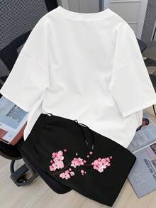 Manfinity Joysei 男士休闲樱花印花T恤短裤套装，夏季 - 彩色 - 查看 4