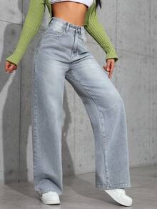 SHEIN Tall 女士休闲高腰洗水直筒口袋牛仔裤 - 淺色水洗藍 - 查看 6