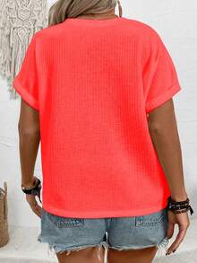 EMERY ROSE Model Terbaru Kaos Wanita Ukuran Plus Bergaris Leher V Kancing Lengan Pendek Longgar - Watermelon Pink - View 2