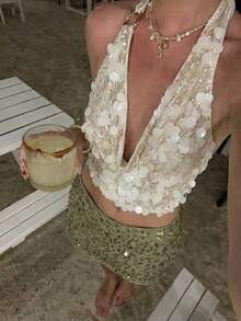 Firerie 女士时尚性感亮片露背吊带背心 - 杏色 - 查看 2