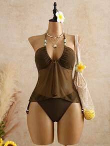 Bellisia 女士纯色褶皱挂脖系带吊带背心式泳衣套装，包含上衣和三角泳裤，适合外出、海滩、下午茶、野餐、派对等场合。 - 棕色 - 查看 3