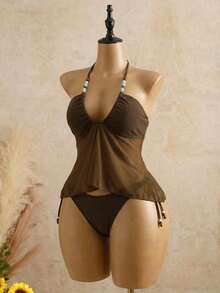 Bellisia 女士纯色褶皱挂脖系带吊带背心式泳衣套装，包含上衣和三角泳裤，适合外出、海滩、下午茶、野餐、派对等场合。 - 棕色 - 查看 4