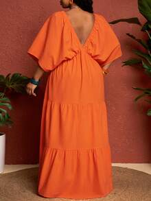 SHEIN CURVE+ Curve 尺码 US22 音乐节、海滨度假、波西米亚风 V 领连衣裙，适合夏季假期，橙色波西米亚风度假 - 橘色 - 查看 2