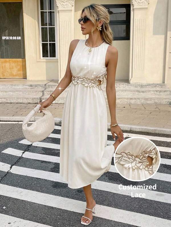 SHEIN Frenchy Women's Off White Elegant Summer Midi Dress,Tea Party Embroidered Applique Sleeveless Waist-Revealing Cutout A-Line Skirt,Boho Beach Vacation Outfit