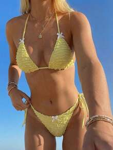 Swim Mod Bộ bikini 2 mảnh dành cho nữ, màu trơn, chất liệu vải jacquard, kiểu dáng ngọt ngào, thắt nơ, cổ yếm, hở lưng, thích hợp cho kỳ nghỉ hè ở bãi biển. - Màu vàng - Xem 3