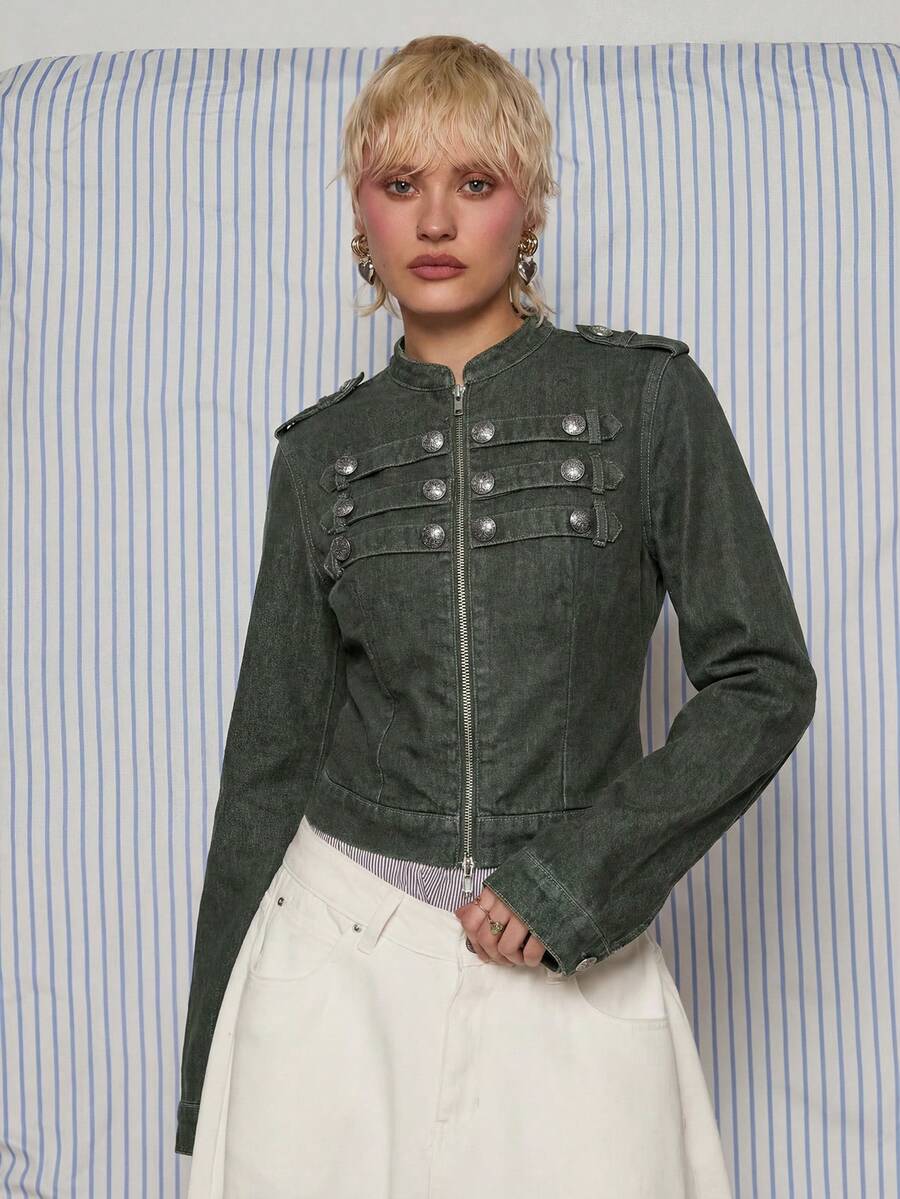 COUREZ Áo khoác denim ôm dáng kiểu tay trống / Áo khoác denim ôm dáng phong cách Y2K mùa thu đông, chất liệu denim nhẹ, cài nút và khóa kéo phía trước, thích hợp cho dịp đêm giao thừa. - xanh quân đội - Xem 1