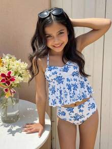 SHEIN Tween Girls Knit Blue & White Floral Halter Ruffle Tankini Swimsuit Set,Kids - Blue and White - View 4