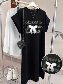 GlowEve Round Neck T-Shirt Dress For Women, Loose Casual Retro Fashionable Butterfly & Letter Print, Spring/Summer - Black - View 3