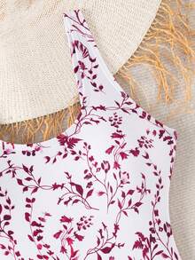 SHEIN Swim Lushore 女士度假沙滩植物印花连体泳衣 - 酒紅色 - 查看 6