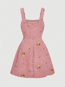 SHEIN MOD Váy yếm thêu hoa nhung kẻ cỡ lớn thu đông có dây đeo có thể điều chỉnh, mặc như váy len - Hồng - Xem 2