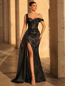 Glamrae 优雅奢华黑色缎面褶皱蕾丝拼接美人鱼礼服，露肩袖设计，适合婚礼、派对、节日、盛会和正式场合（装饰繁复） - 黑色 - 查看 5