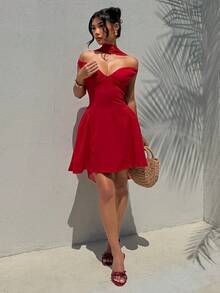 Aloruh 红色无肩带露背收腰A字迷你连衣裙，适合婚礼、情人节、约会、派对等场合。 - 紅色 - 查看 6