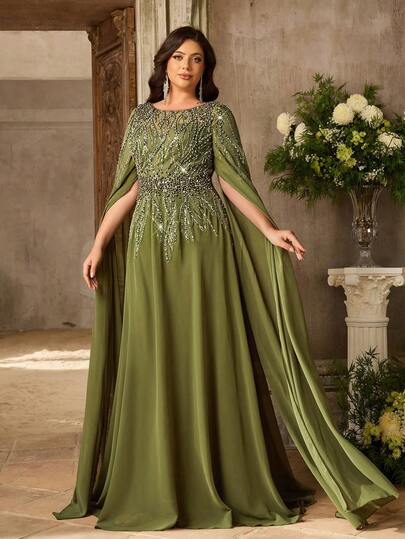 Aureia Đầm dạ hội sang trọng, cỡ lớn, màu hồng sen, thêu hạt cườm, chất liệu chiffon, cổ tròn, tay phồng, dáng chữ A, chất liệu jacquard (thiết kế tinh xảo).