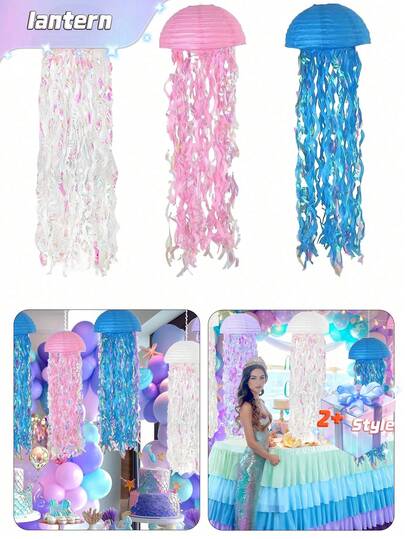 3 sztuki niebieskich, wiszących lampionów papierowych z meduzami, gradientowe lampiony papierowe na imprezę w stylu syreny, dekoracje urodzinowe w stylu podmorskiego oceanu, girlanda na prysznic z motywem syreny, kolorowe, niebieskie, wiszące serpentyny na urodziny, chrzest, wesele, dekoracje imprezowe, dekoracje ścienne, ozdoby