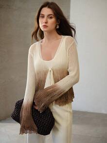 MOTF PREMIUM WOMEN'S OMBRE PATTERN V-NECK HOLLOW TIE-UP FLARE SLEEVE KNIT CARDIGAN, SPRING/SUMMER - White - View 4