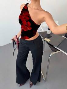 Siren Gaze 休闲优雅性感红黑撞色花卉印花不对称下摆扭纹前开襟衬衫，适合夏季、派对、度假 - 彩色 - 查看 5