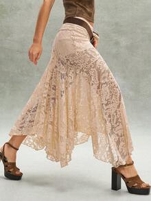 Bohemela Chân váy nữ dáng rộng, màu trơn, chất liệu dệt kim ren, vạt bất đối xứng. - Màu be - Xem 2