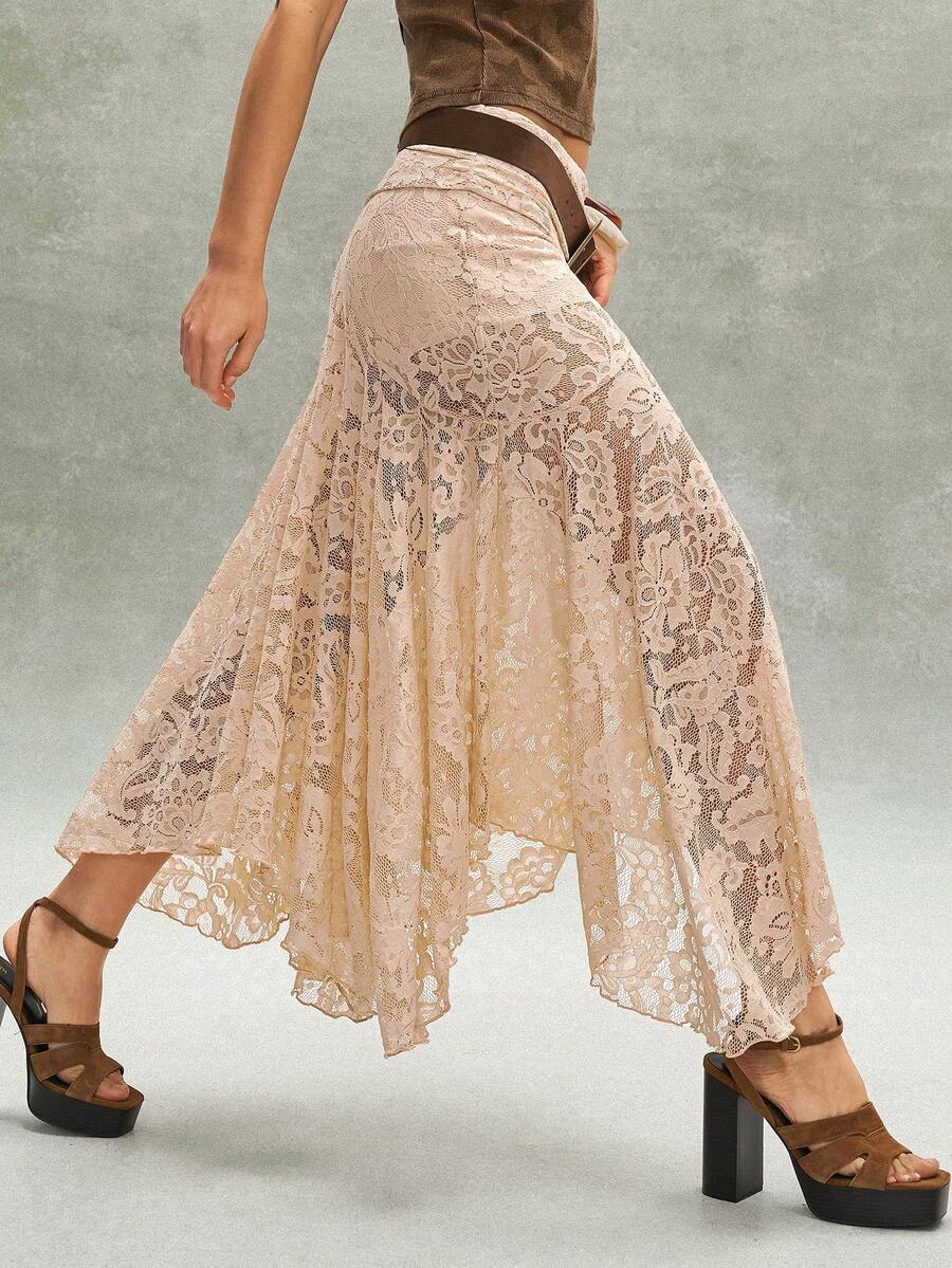 Bohemela 休闲纯色针织蕾丝不对称下摆宽松女裙 - 杏色 - 查看 1