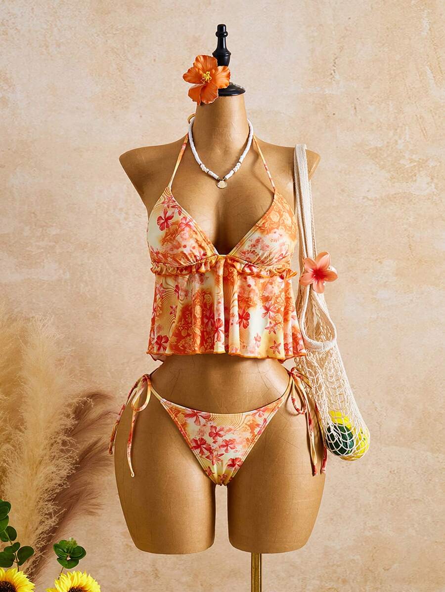 Bellisia Bộ bikini mùa hè mới dành cho nữ, họa tiết hoa nhuộm tie-dye, kiểu dáng ngọt ngào dễ thương, áo tắm tankini hai dây hở lưng gợi cảm, thích hợp cho bãi biển và kỳ nghỉ. - Nhiều màu - Xem 1