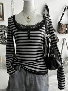 Lalippa 女士条纹撞色蕾丝纽扣设计长袖休闲T恤 - 彩色 - 查看 1