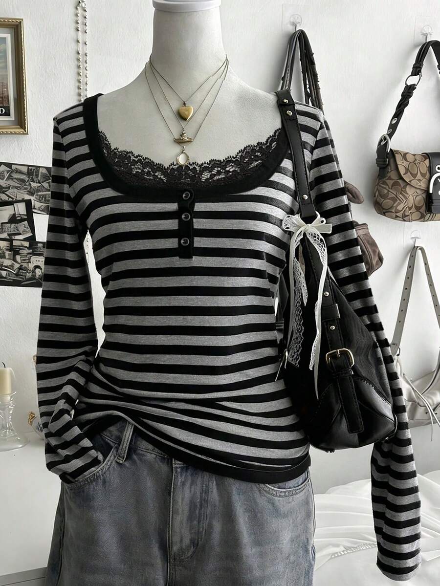 Lalippa 女士条纹撞色蕾丝纽扣设计长袖休闲T恤 - 彩色 - 查看 1