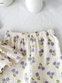 Bộ 2 món cho bé gái, chất liệu chiffon, họa tiết hoa nhí, nơ trang trí, kiểu dáng thường ngày, gồm áo vest và quần, màu tím nhạt. - Màu tím hoa cà - Xem 6