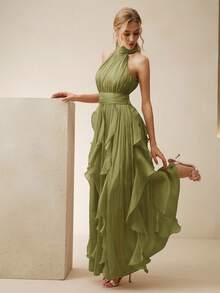Anewsta 女士新款优雅无袖吊带长裙，腰部褶皱显瘦闪亮波浪裙摆连衣裙，粉色，适合宴会、派对、聚会等场合 - 綠色 - 查看 1