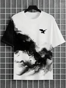 Manfinity LEGND 男士宽松黑白撞色短袖T恤，复古街头风水墨老鹰印花，适合夏季度假/音乐节穿着 - 彩色 - 查看 2