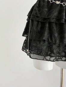 Elamini 女士花卉蕾丝深V领荷叶边性感无袖迷你连衣裙 - 黑色 - 查看 3