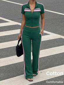 Muchica Women's Striped Raglan Sleeve Zip-Up Top And Flare Pants Casual 2 Pieces Set - Green - View 4