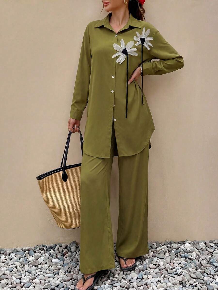 Mulvari 2件套女士3D立体花卉装饰衬衫和裤子套装 - 綠色 - 查看 1