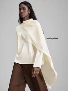 Ontre 2026春夏女士米色和浅杏色缎纹斜纹面料肩部褶皱不对称披肩装饰设计宽松立领长袖百搭休闲商务连衣裙，优雅都市通勤高品质机场时尚 - 白色 - 查看 3