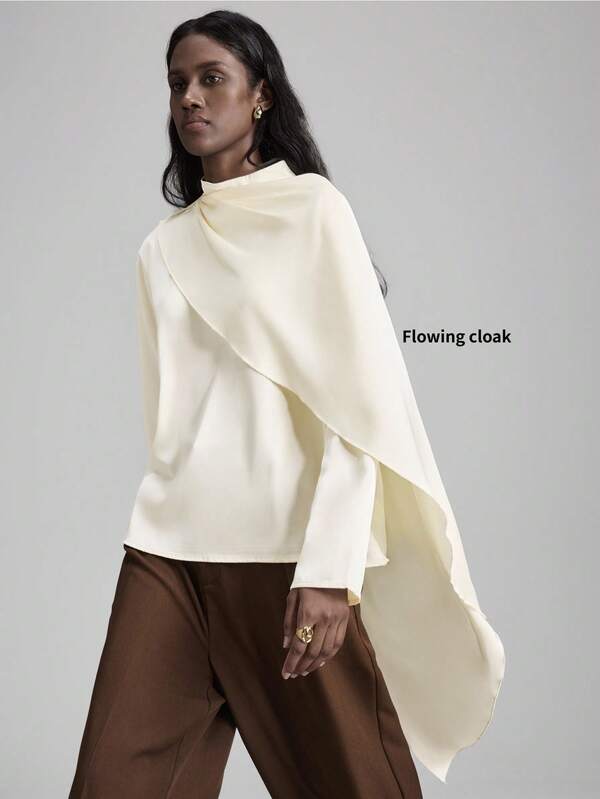 Ontre Women's Cream White,Autumn,Elegant,Semi Formal Satin Twill Dress,Shoulder Gathered Asymmetric Cape Decor Design Loose Stand Collar Long Sleeve,Casual
